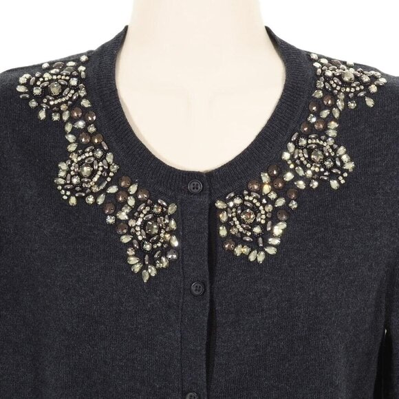 Loft Cardigan Women Small Gray Embossed Beads Stones Jeweled Long Sleeve - Picture 2 of 11